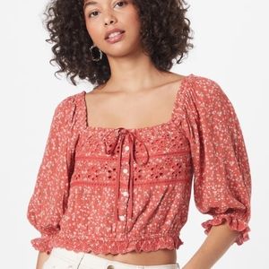American Eagle Lace Puff Sleeve Blouse Square Neck Floral Crop Top Women's Small